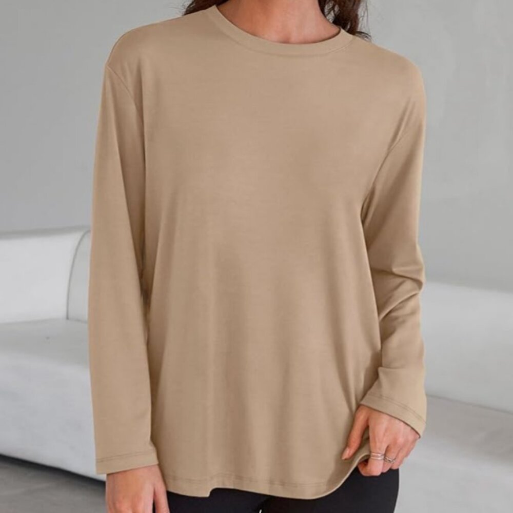 Women's Oversized Long Sleeve T-Shirts Crew Neck Khaki Lightweight Medium